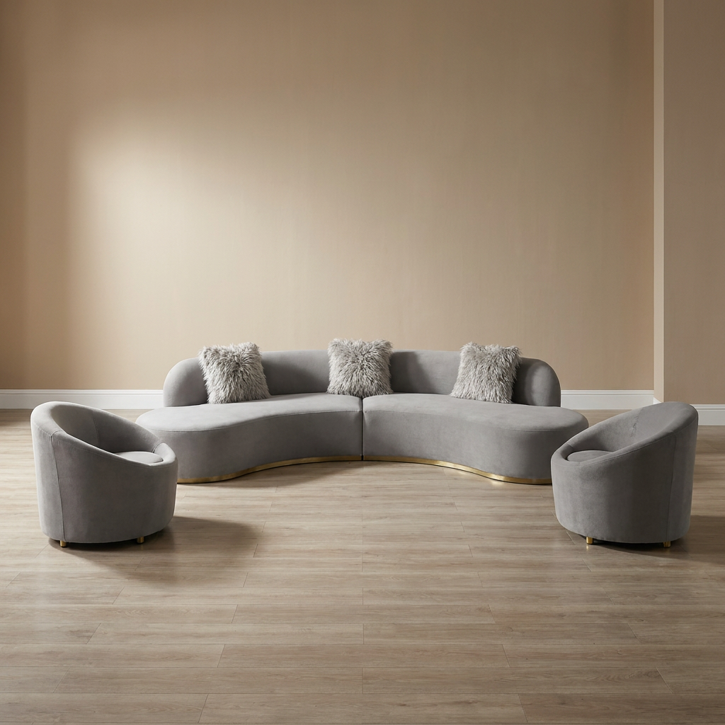 Grey Velvet Curve Lounge With Gold Bse Set L2036