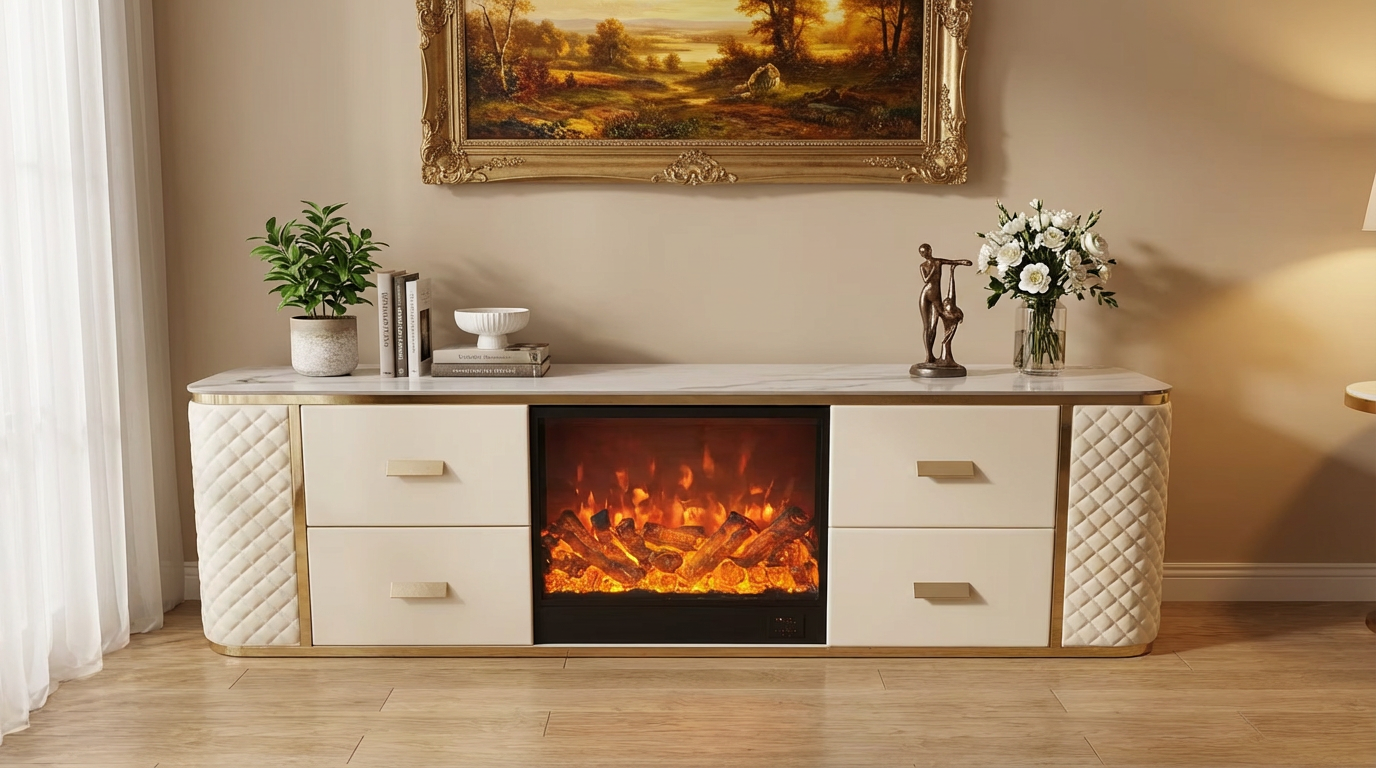 2m Sintered Stone Gold Frame TV Unit with Decorative  Fireplace - customisation available