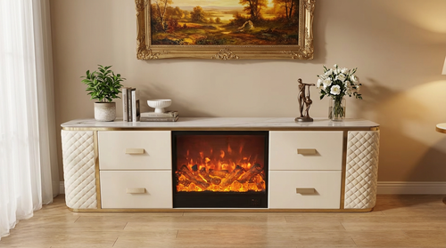 2m Sintered Stone Gold Frame TV Unit with Decorative  Fireplace - customisation available