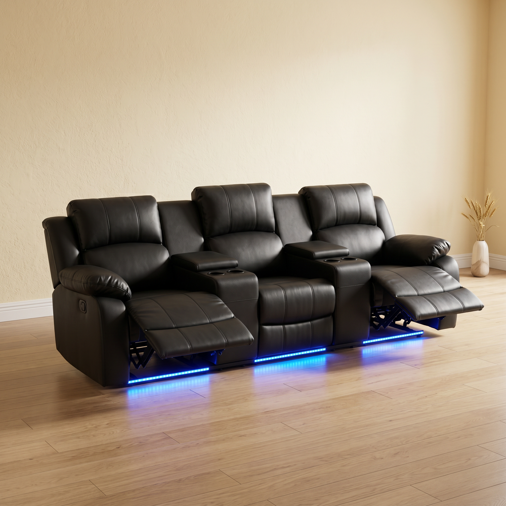 Home Theater Leather Recliner Lounge 3 Seater Black