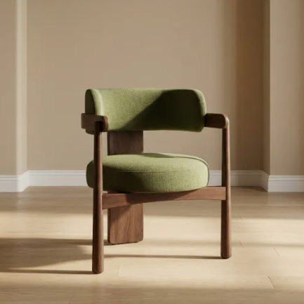 Walnut Frame Wooden Chair with Green Fabric Dining Chair
