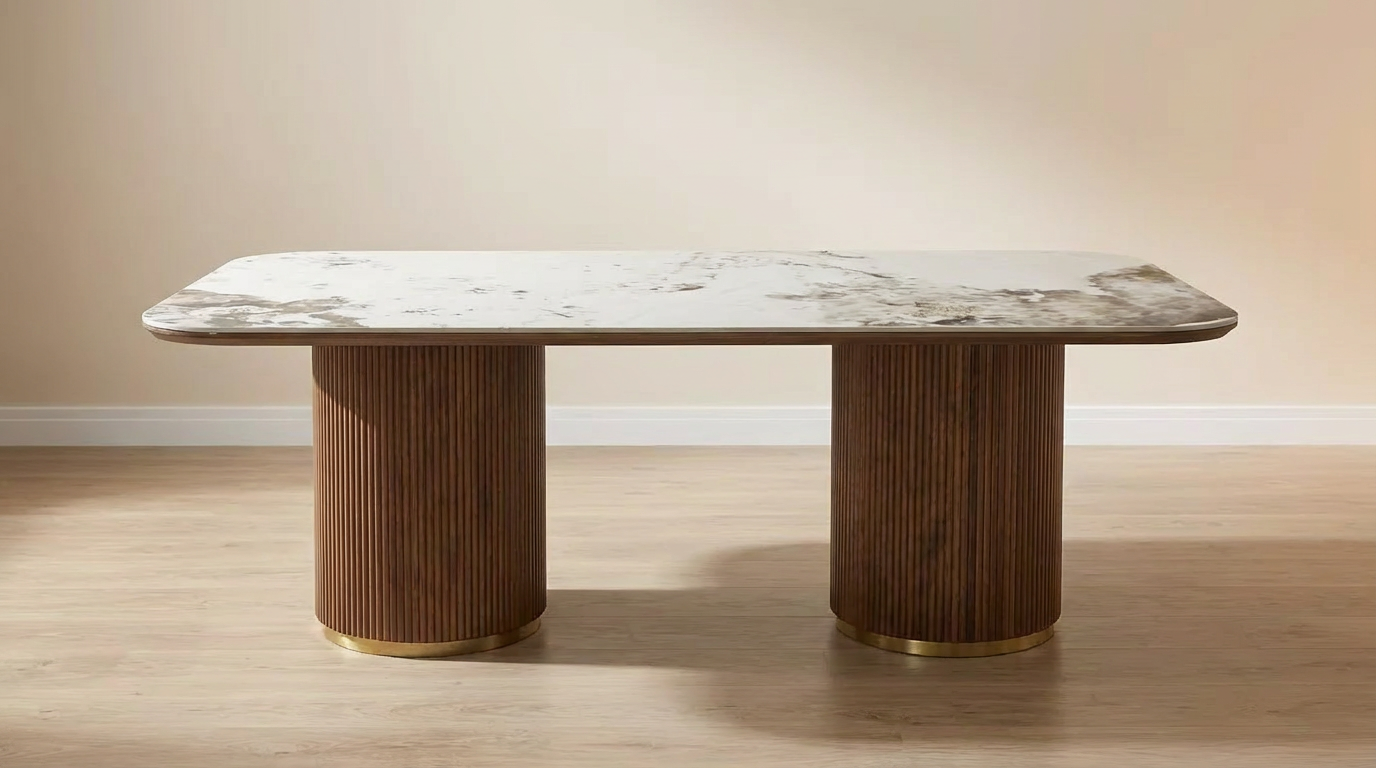 Golden Walnut Full Cylinder Dining Sintered Stone Dining Table, 1.6, 1.8m, 2m, 2,2m & 2.4m