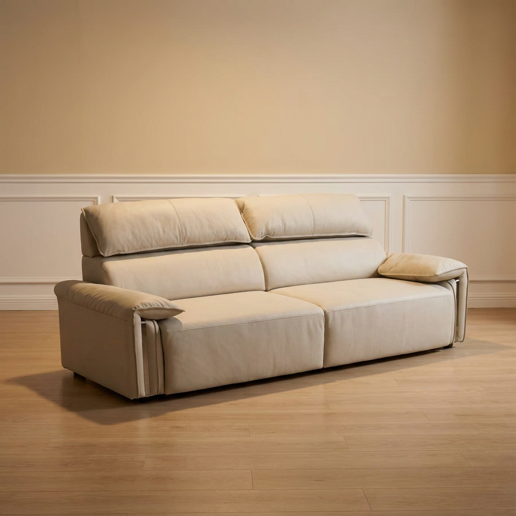 Beige White Leather Electric sliding seat Sofa Bed 2.5 Seater/ 4.5 Seater 2.5 Seater (2 sliding) - Brown Leather - 225cm x 105cm x 95 cm