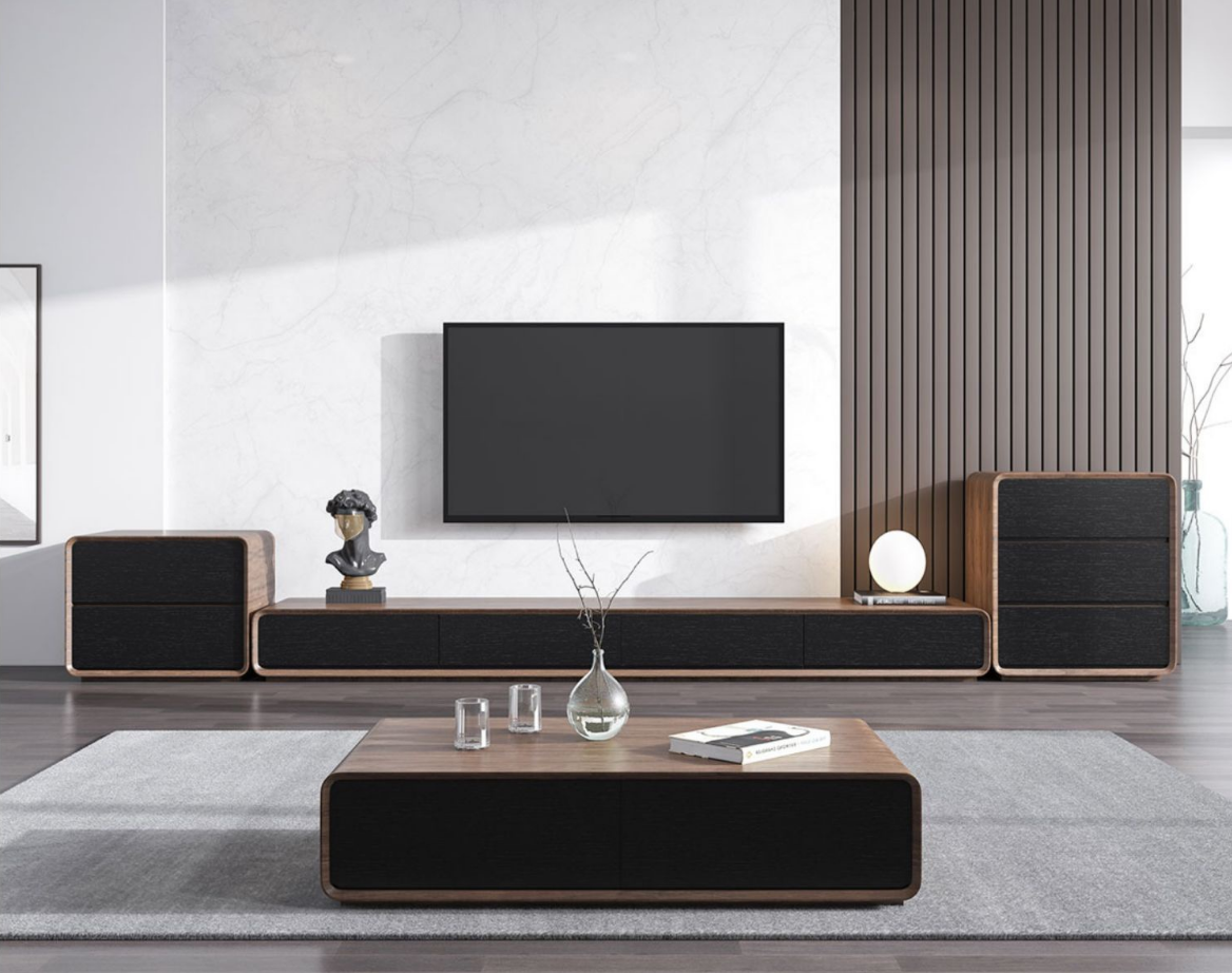 Round Corner TV Unit Or Coffee Table 2m, 2.4m, 3m 200cm Walnut Black