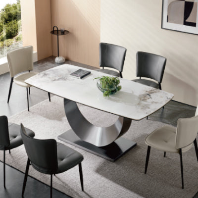 Half Moon Dining Table Grey Steel Base with Sintered Stone or Marble