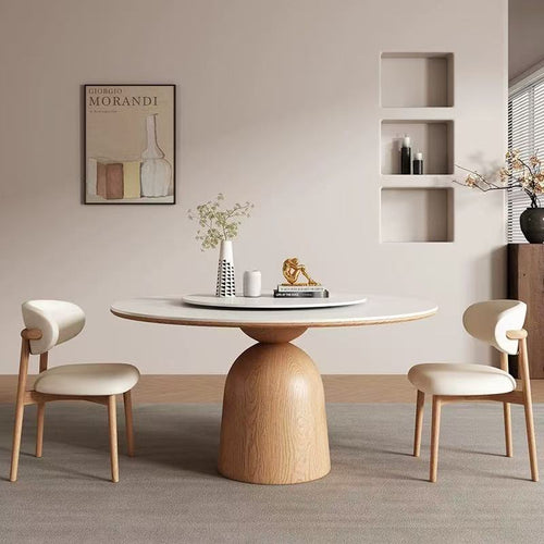 Oak Veneer Light Wood Colour Gourd stand Dining Table with matt white sintered stone 1.2m 1.5m round