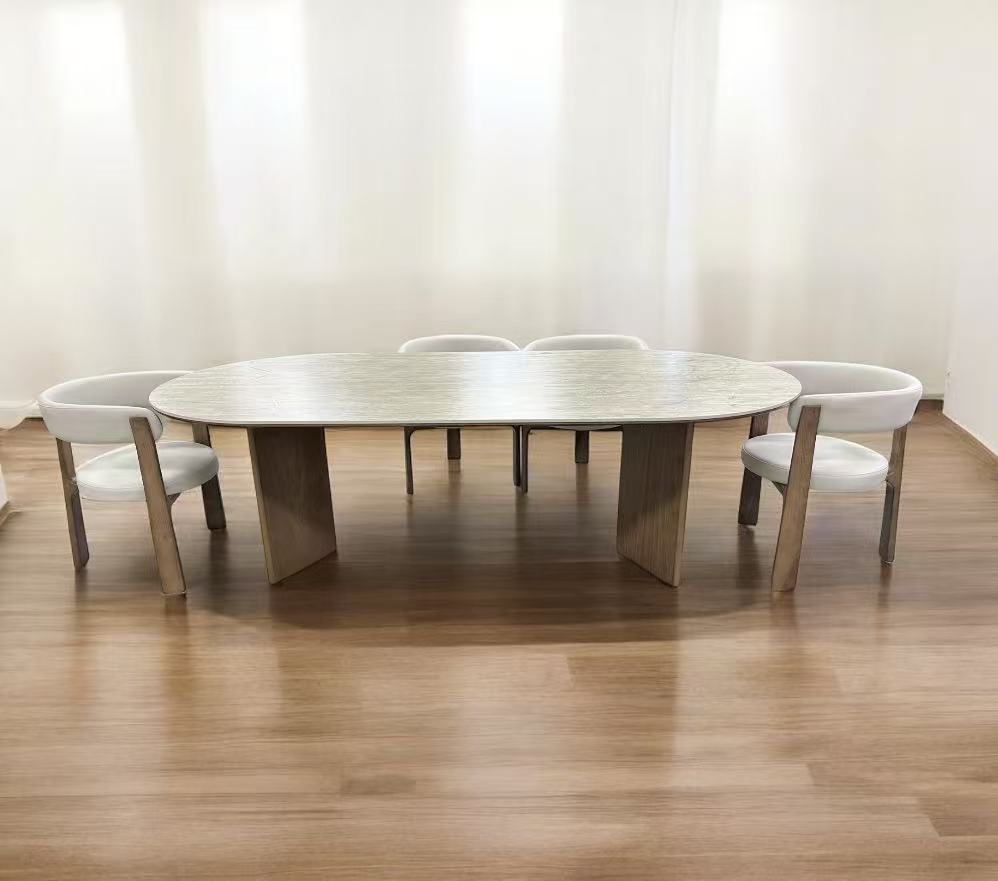 Wooden Dining Table with Matt Travertine Sintered Stone