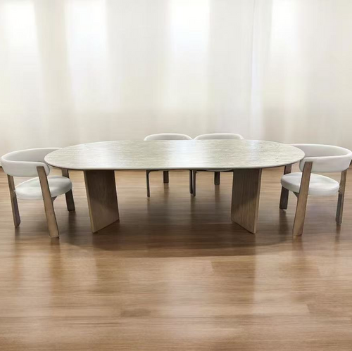Solid Wooden Dining Table - Matt Travertine Sintered Stone