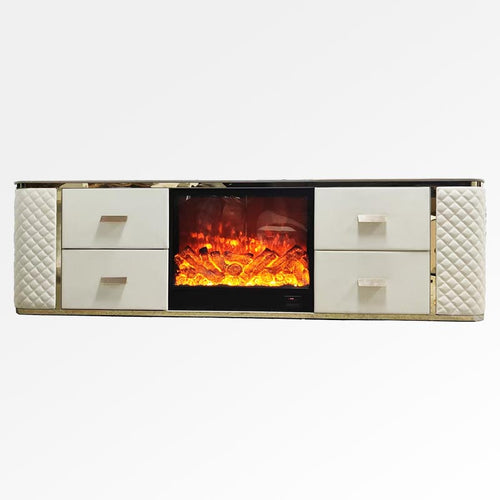 2m Sintered Stone Gold Frame TV Unit with Fireplace - customisation avaliable