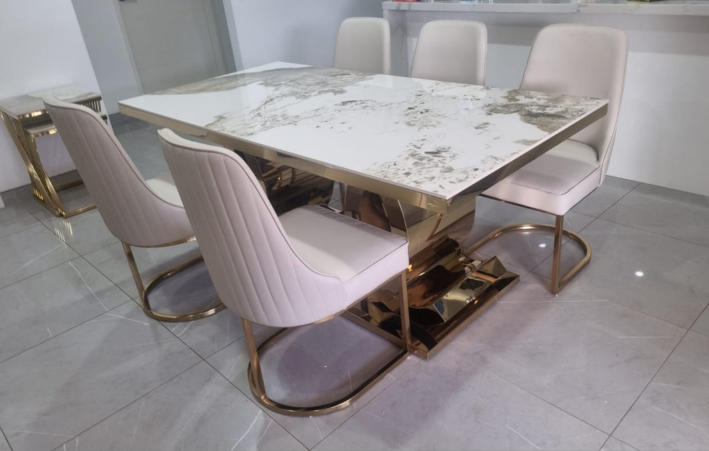 Golden Double C Base Luxury Dining Table with Marble or Sintered, Large table -1.6m/ 1.8m/ 2m/ 2.2m/ 2.4m