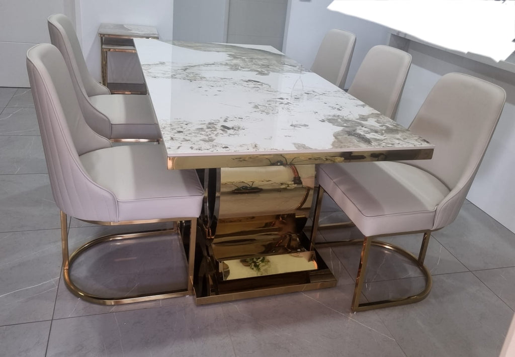 Golden Double C Base Luxury Dining Table with Marble or Sintered, Large table -1.6m/ 1.8m/ 2m/ 2.2m/ 2.4m