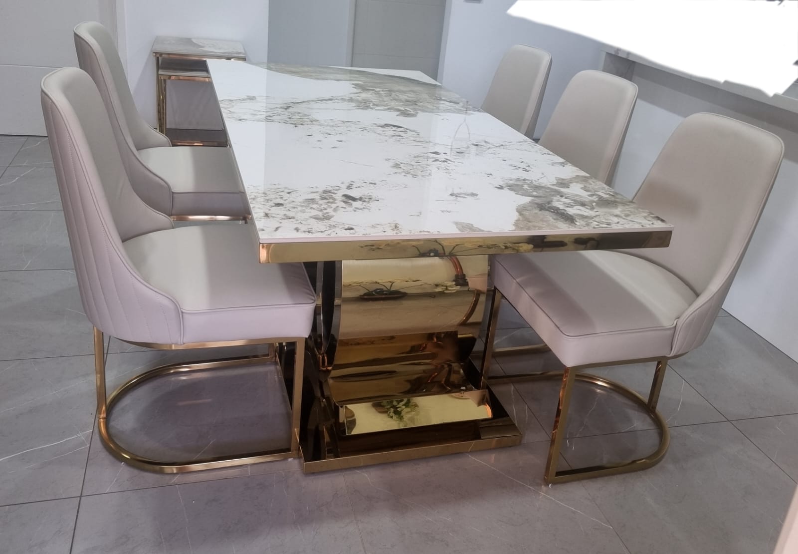 Golden Double C Base Luxury Dining Table with Marble or Sintered, Large table -1.6m/ 1.8m/ 2m/ 2.2m/ 2.4m