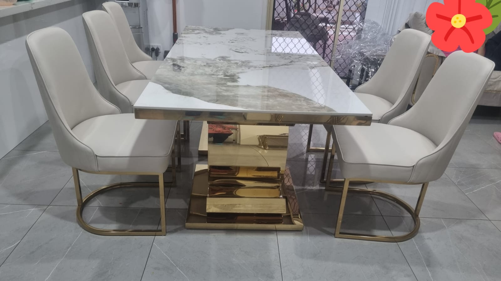 Golden Double C Base Luxury Dining Table with Marble or Sintered, Large table -1.6m/ 1.8m/ 2m/ 2.2m/ 2.4m