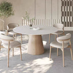 Oak Light / Walnut Wood Cone stand Dining Table with matt white sintered stone 1.2m 1.5m round 1.5cm round white sintered stone