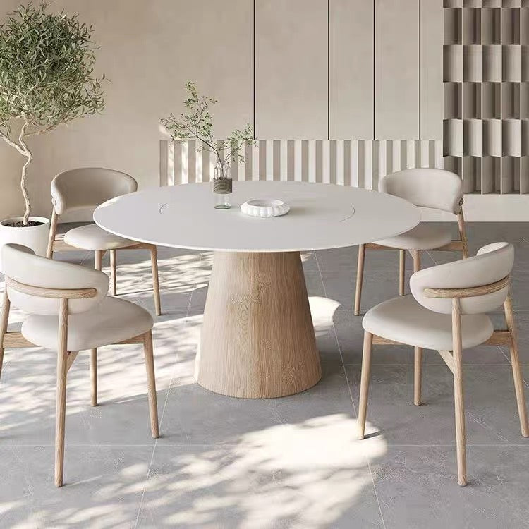 Oak Light / Walnut Wood Cone stand Dining Table with matt white sintered stone 1.2m 1.5m round 1.5cm round white sintered stone