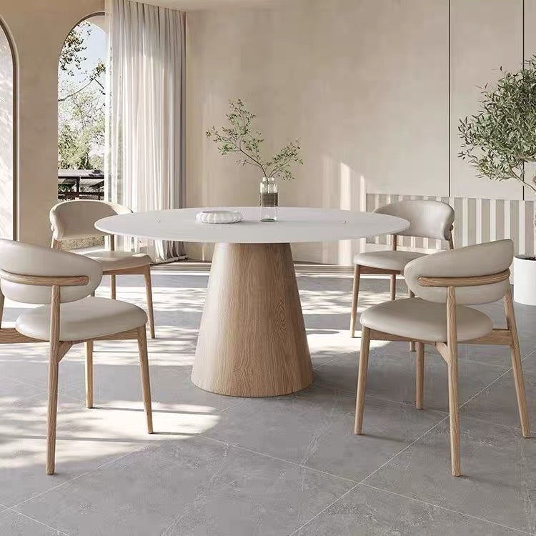 Oak Light / Walnut Wood Cone stand Dining Table with matt white sintered stone 1.2m 1.5m round 1.2cm round white sintered stone