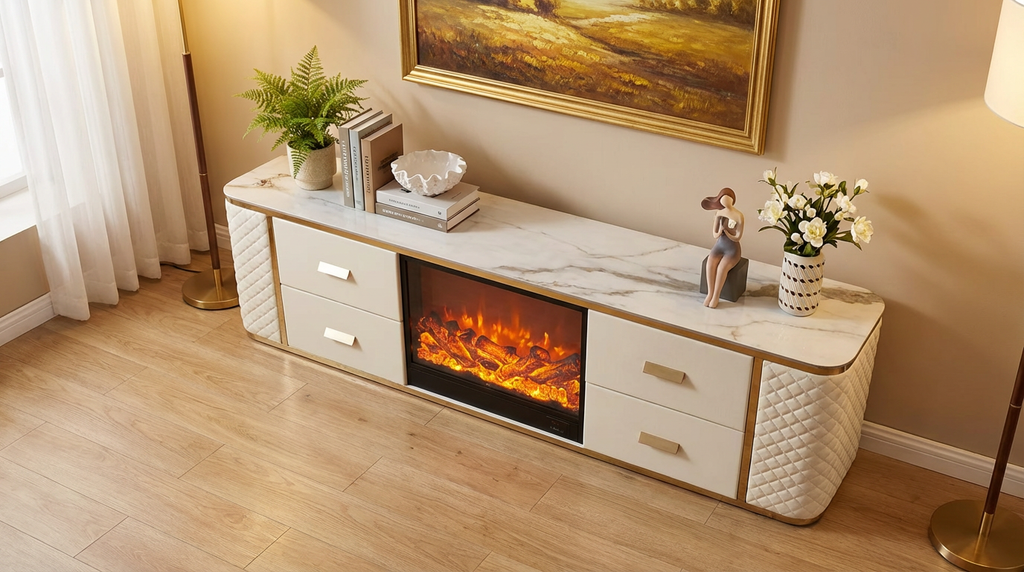 2m Sintered Stone Gold Frame TV Unit with Decorative  Fireplace - customisation available