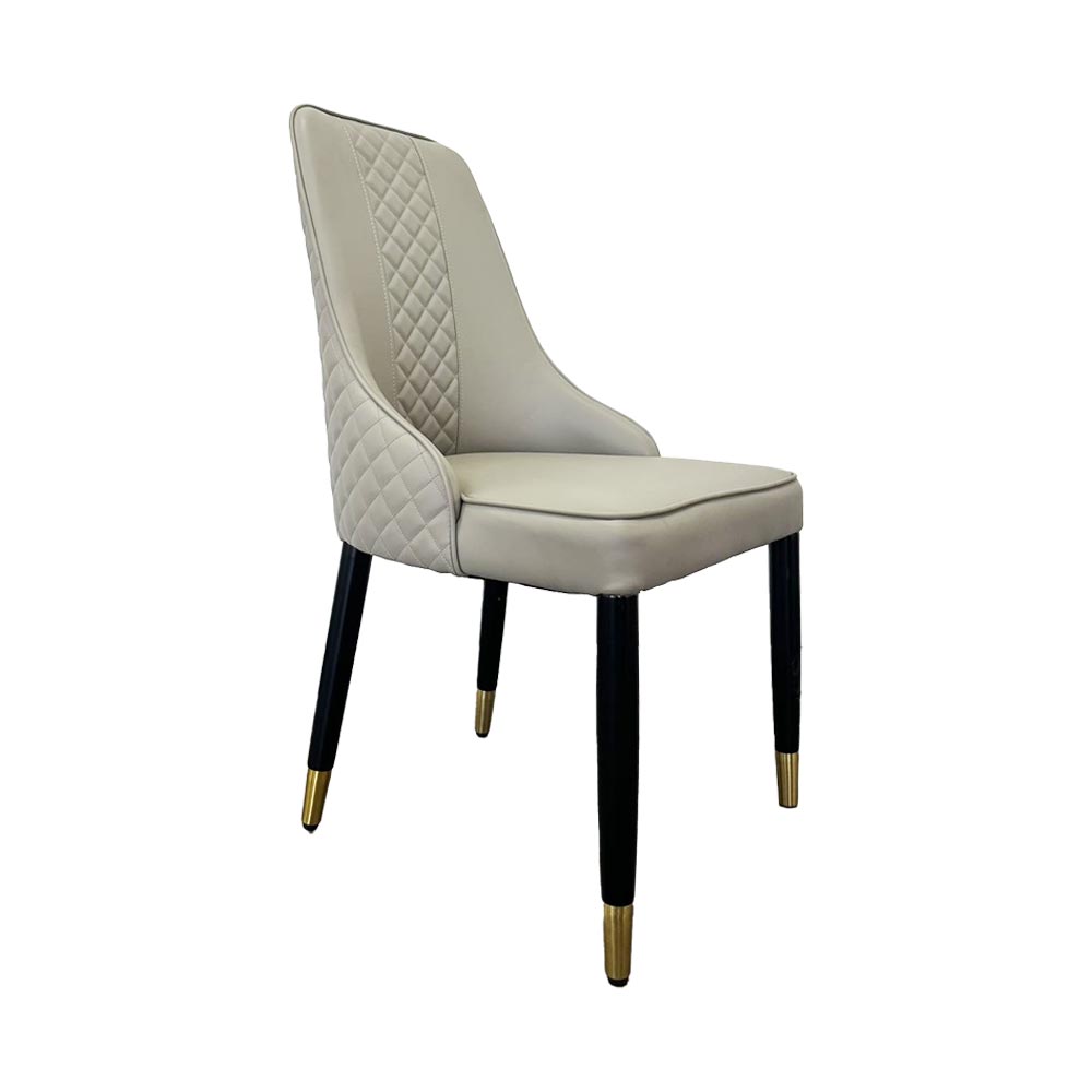 Grey leather and Black Wood with gold Tip Legs Dining Chair Grey leather