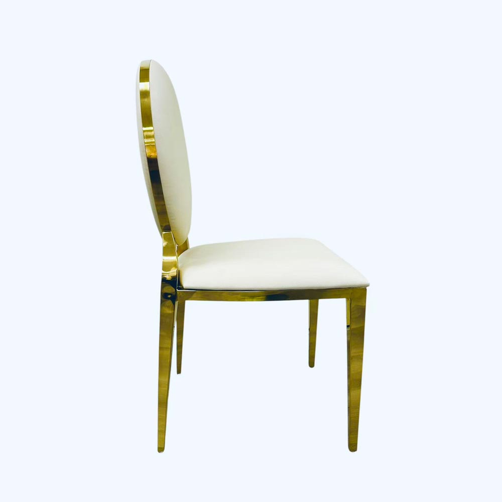 Off White Leather with  Oval Back Golden Frame Dining Chair