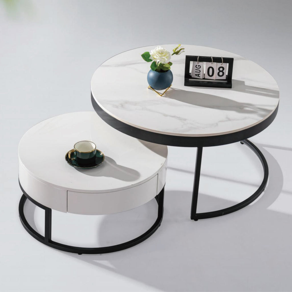 Nesting Coffee Table Carbon Steel Base with Sintered Stone / Marble 80cm + 60cm Coffee table with Matt white Sintered Stone