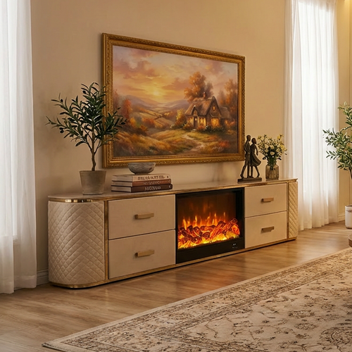2m Sintered Stone Gold Frame TV Unit with Fireplace - customisation available