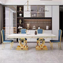 Golden Double C Base Luxury Dining Table with Marble or Sintered, Large table - 2.2m/ 1.8 m