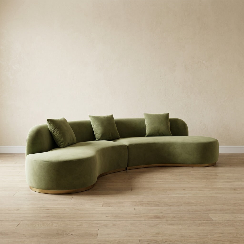 3.8m Green Velvet Curve Lounge With Gold Base L2036