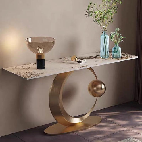 Galaxy & Moon Style Console Table Shiny Sintered Stone Top Gold Base