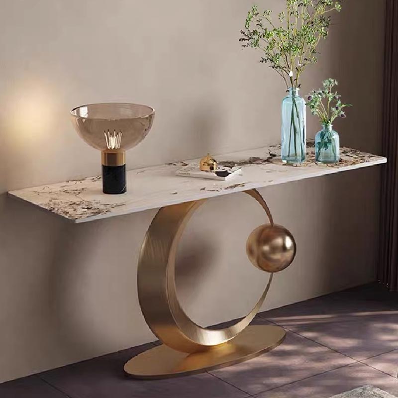 Galaxy & Moon Style Console/ Hallway Table Shiny Sintered Stone Top Gold Base