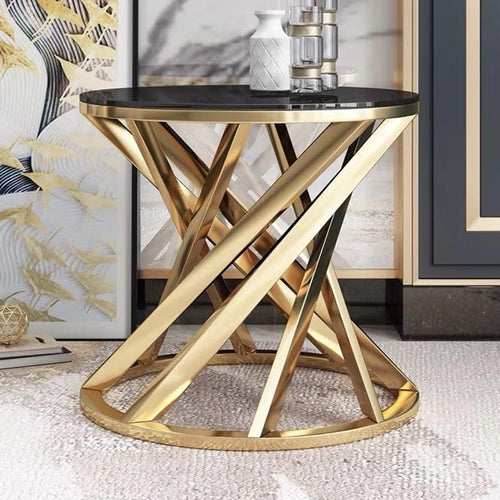 Golden/ Silver Twist Strip Side Table - Sintered Stone/ Marble Top