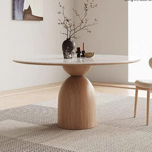 Oak Light Wood Gourd stand Dining Table with matt white sintered stone 1.2m 1.5m round