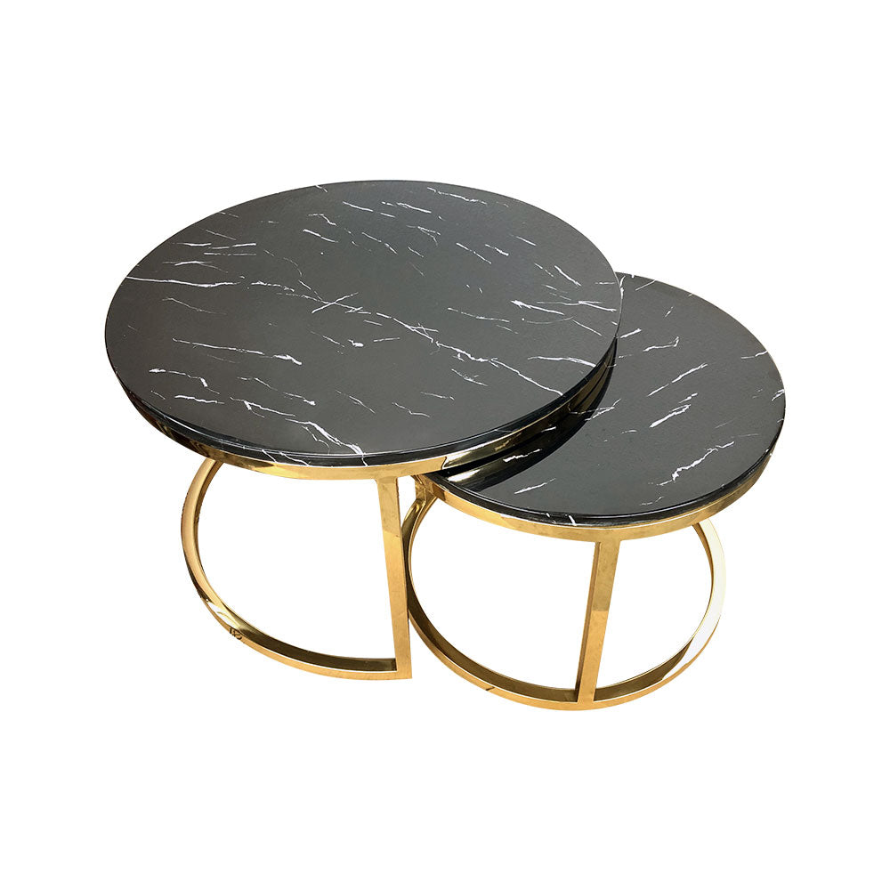 New Double Round Coffee & Side Marble Tables ø80cm ø60cm black top champaign frame