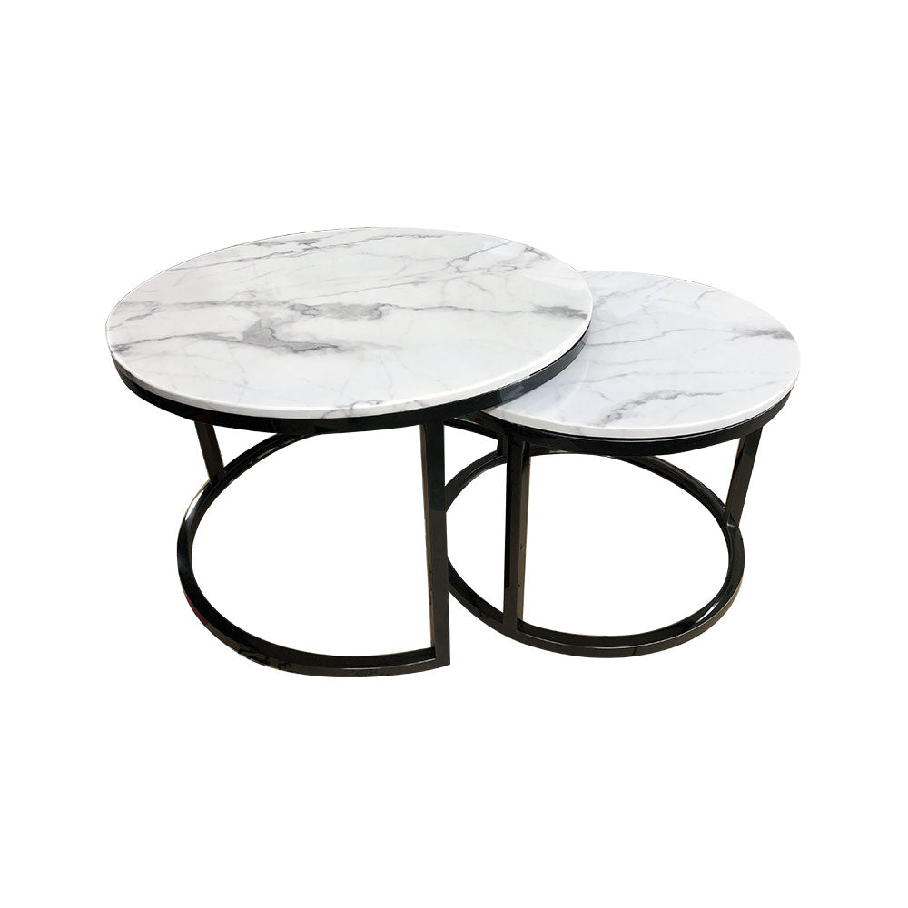 New Double Round Coffee & Side Marble Tables ø80cm ø60cm white top black frame;