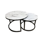 New Double Round Coffee & Side Marble Tables ø80cm ø60cm white top black frame;