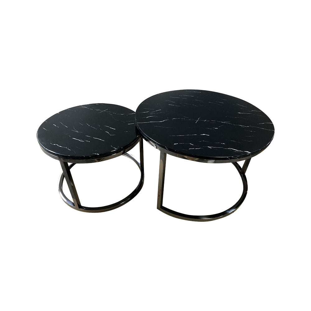 New Double Round Coffee & Side Marble Tables ø80cm ø60cm black top black frame