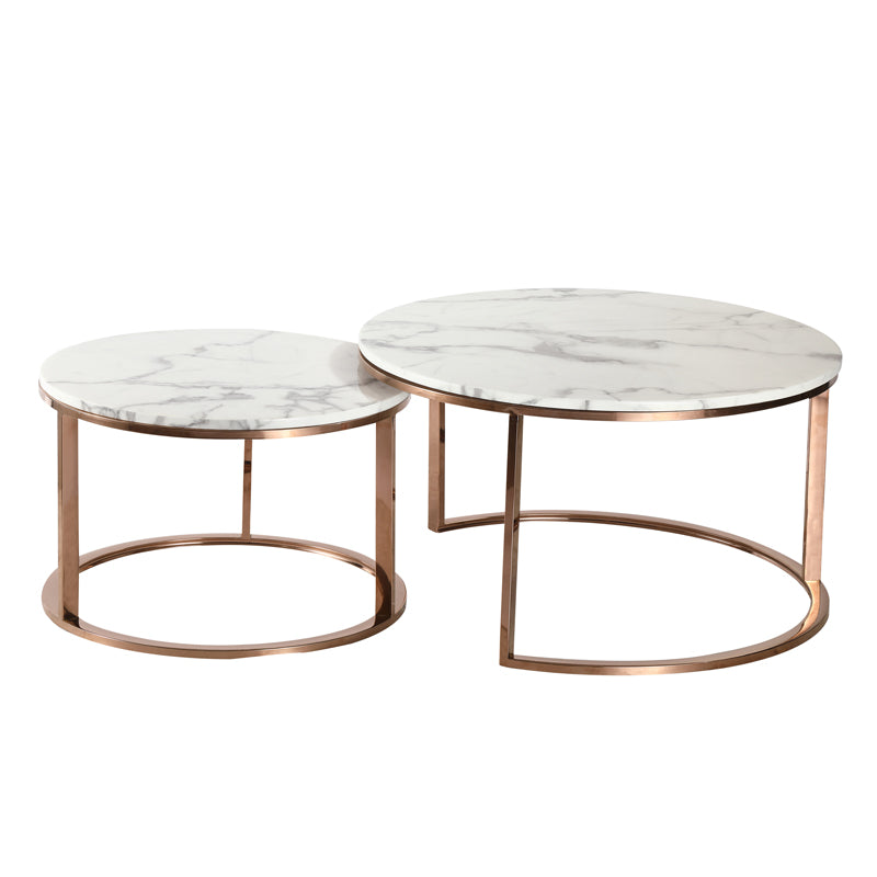 New Double Round Coffee & Side Marble Tables ø80cm ø60cm whit top gold frame;