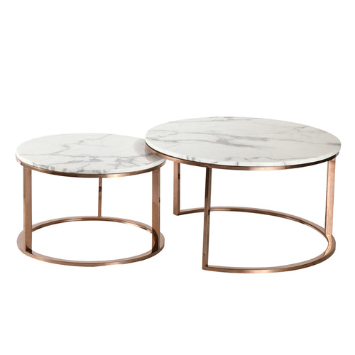 New Double Round Coffee & Side Marble Tables ø80cm ø60cm whit top gold frame;