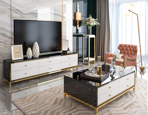 Black Tempered Glass Top High Gloss Black Side White Face Gold Stand TV Unit or Coffee Table