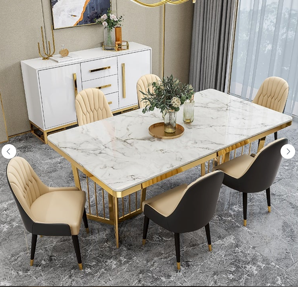 Stainless Gold Y Base Dining Table with Marble / Shiny Sintered Stone 180cm X 90cm