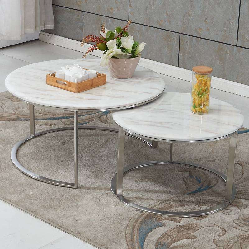 New Double Round Coffee & Side Marble Tables ø80cm ø60cm White top silver frame