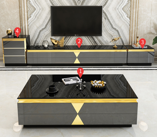 Black Tempered Glass Top Grey Glass Surface Solid Wood TV Unit or Coffee Table